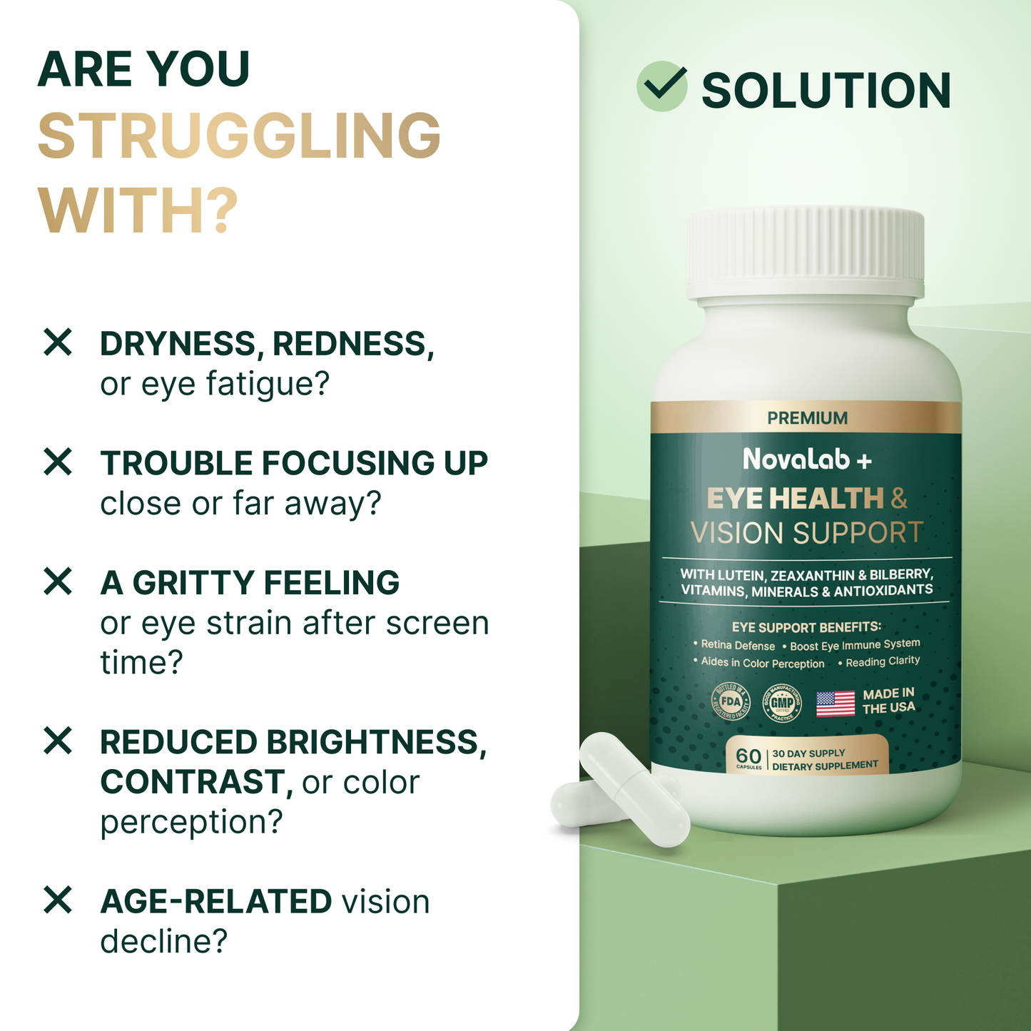 NovaLab+ Eye Health & Vision Support – 30-Day Formula with Lutein, Zeaxanthin, Bilberry, Vitamins, Minerals & Antioxidants