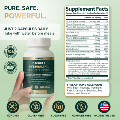 NovaLab+ Eye Health & Vision Support – 30-Day Formula with Lutein, Zeaxanthin, Bilberry, Vitamins, Minerals & Antioxidants